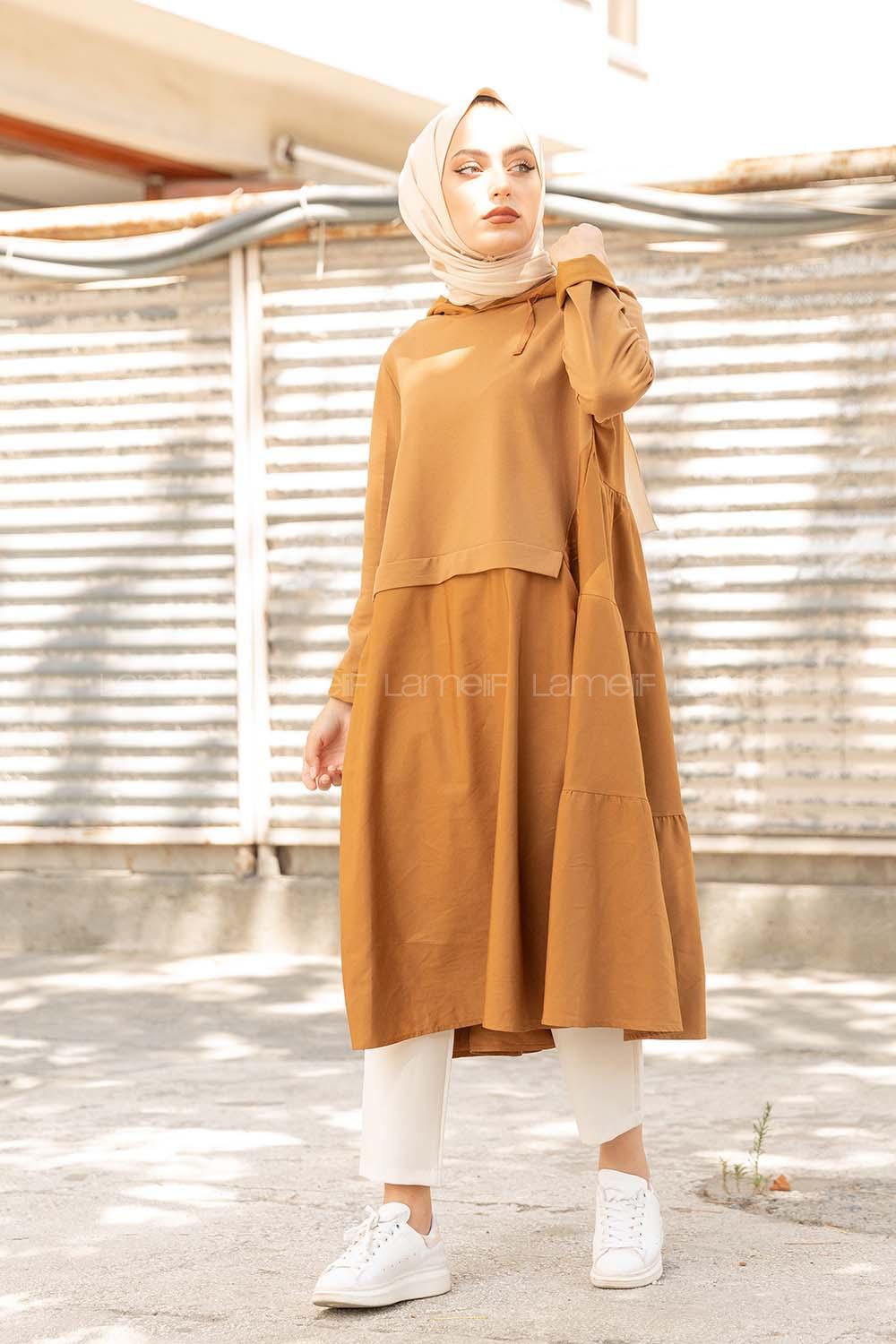 Modalamelif Kapşon Yaka Garnili Tunik Camel