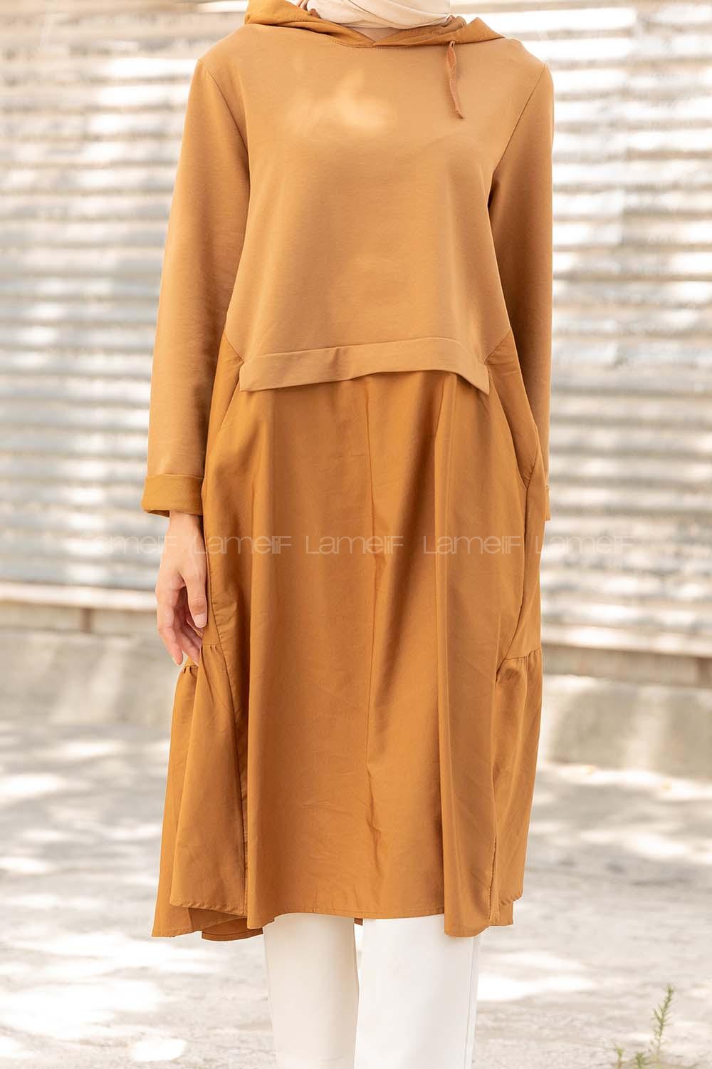 Modalamelif Kapşon Yaka Garnili Tunik Camel