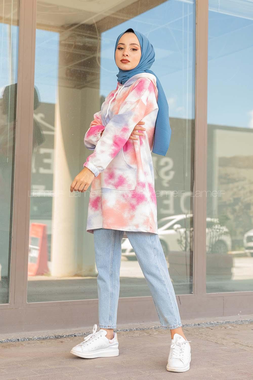 Modalamelif Kapşonlu Püskürme Boyalı Sweatshirt Pudra