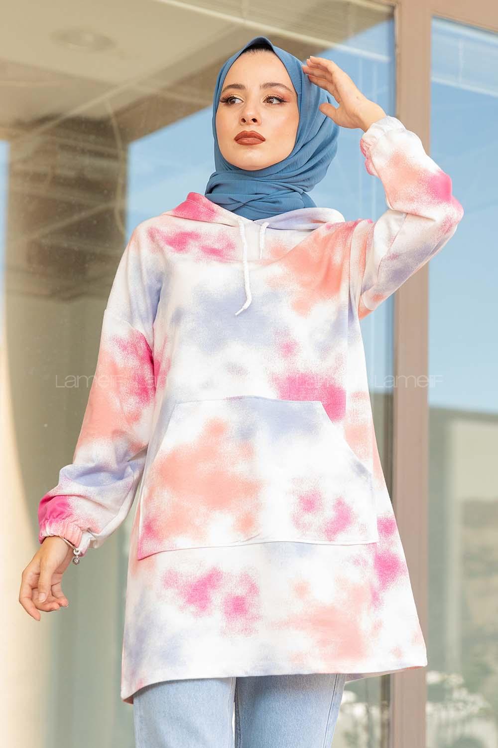 Modalamelif Kapşonlu Püskürme Boyalı Sweatshirt Pudra