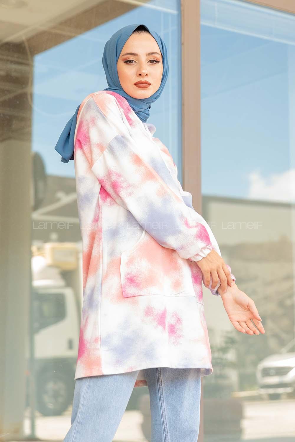 Modalamelif Kapşonlu Püskürme Boyalı Sweatshirt Pudra