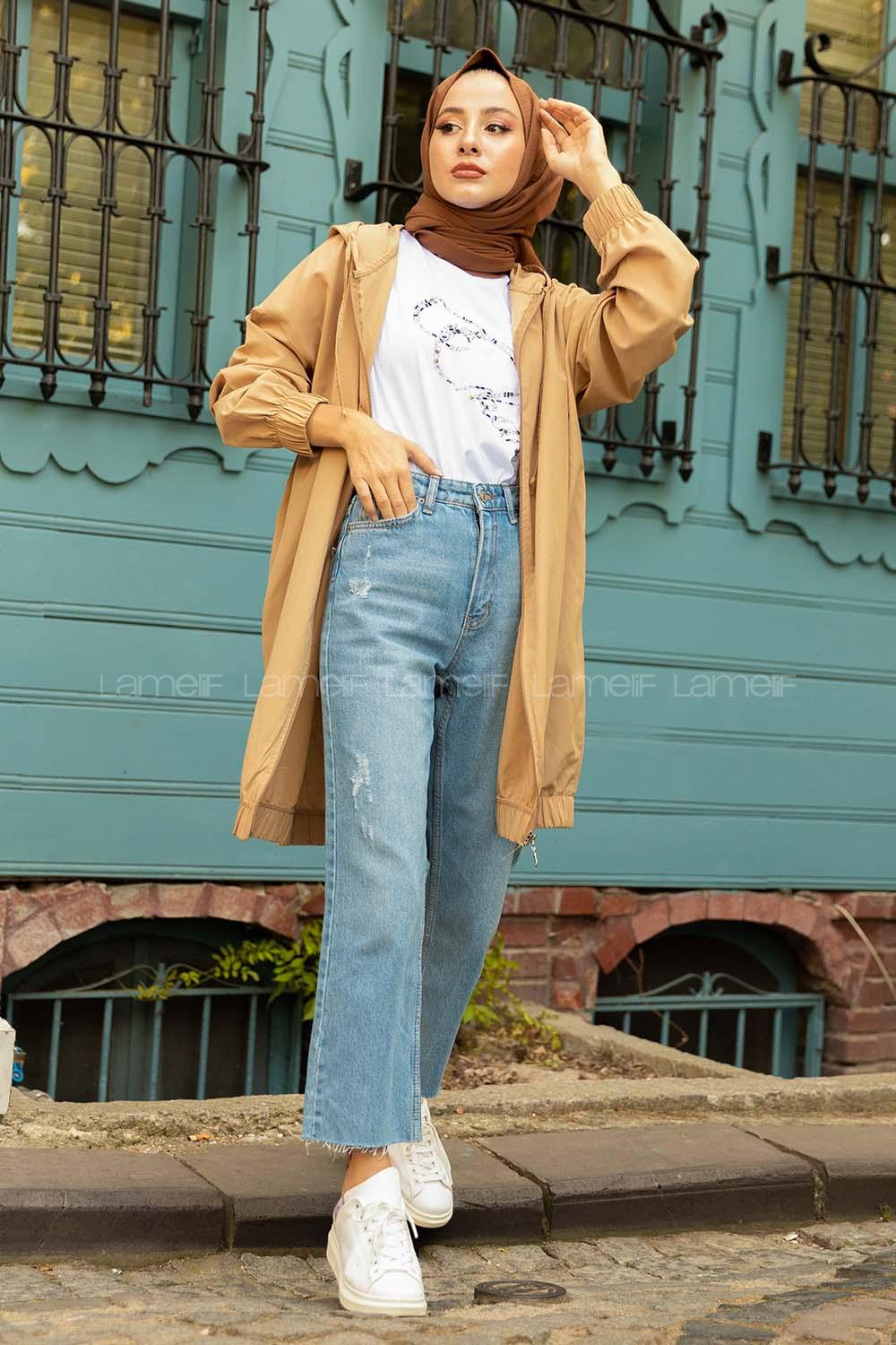 Modalamelif Kapşonlu Yazlık Kap Sütlü Kahve