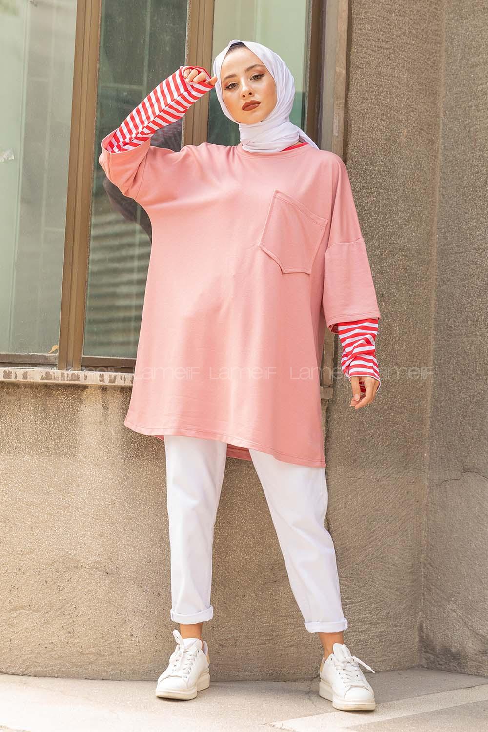 Modalamelif Kol Garnili Tek cepli Sweatshirt Pudra