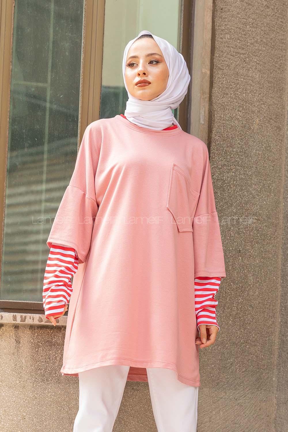 Modalamelif Kol Garnili Tek cepli Sweatshirt Pudra