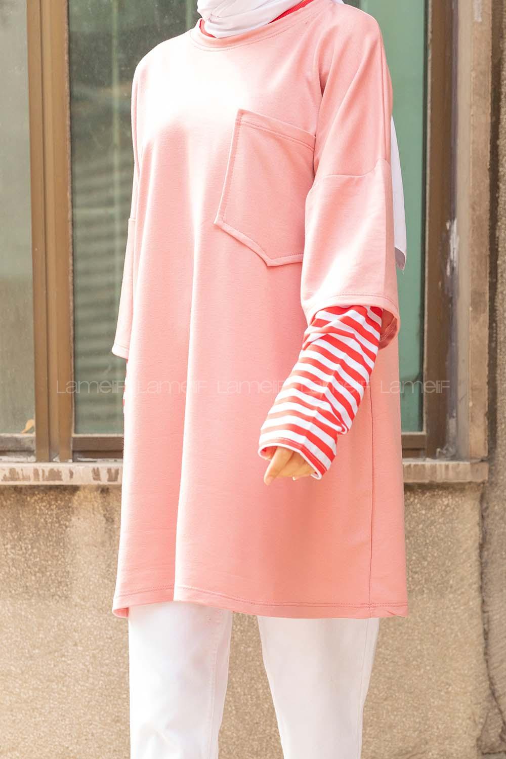 Modalamelif Kol Garnili Tek cepli Sweatshirt Pudra