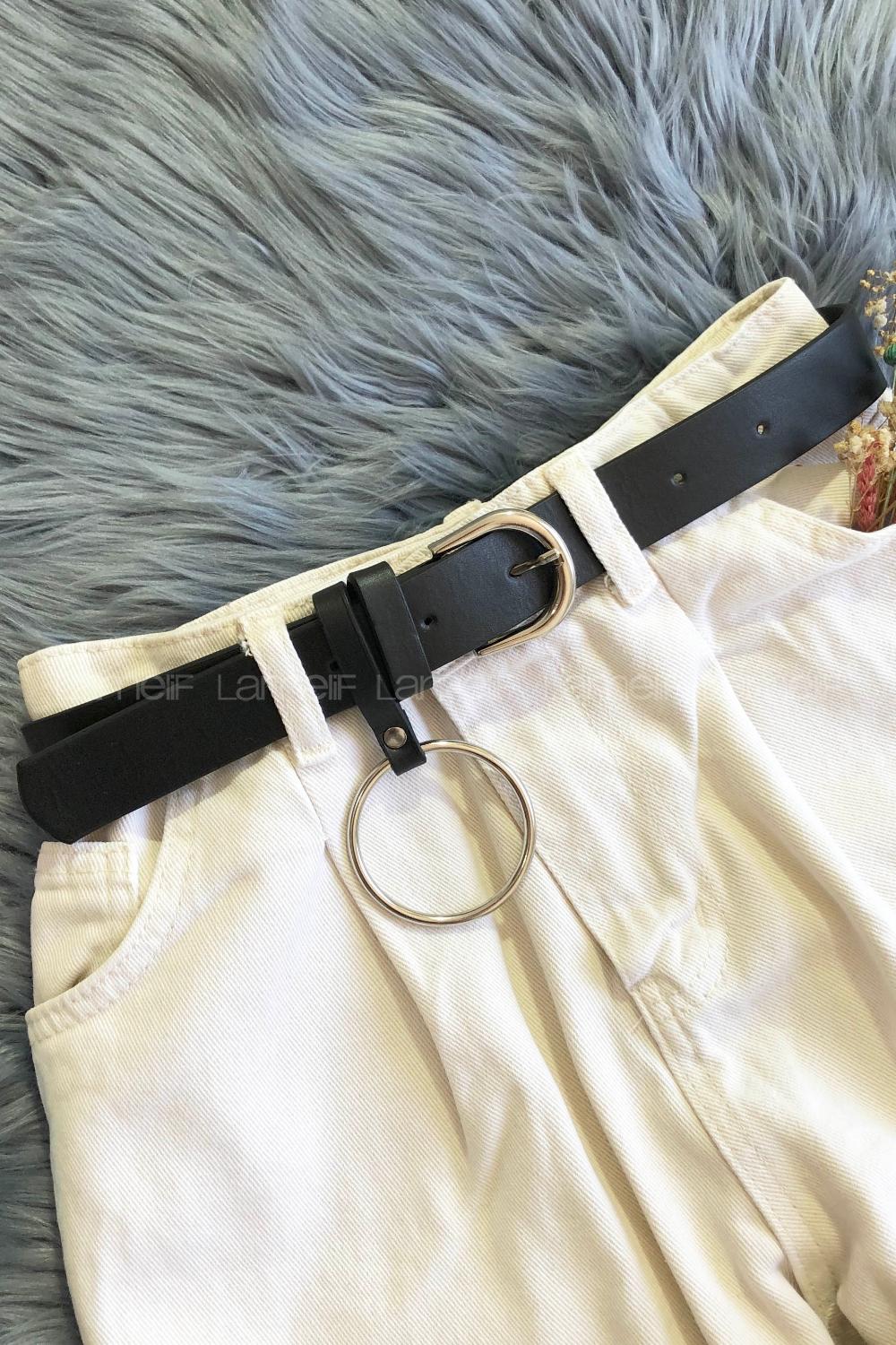 Modalamelif Metal Halka Köprü Detaylı Gümüş Kemer Siyah