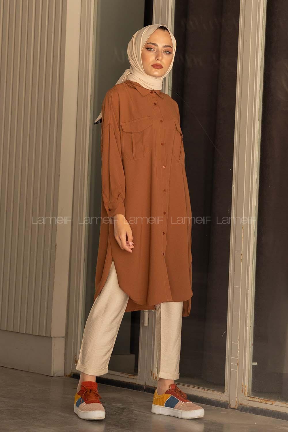 Modalamelif Önü Düğmeli Çift Cepli Gömlek Kahve