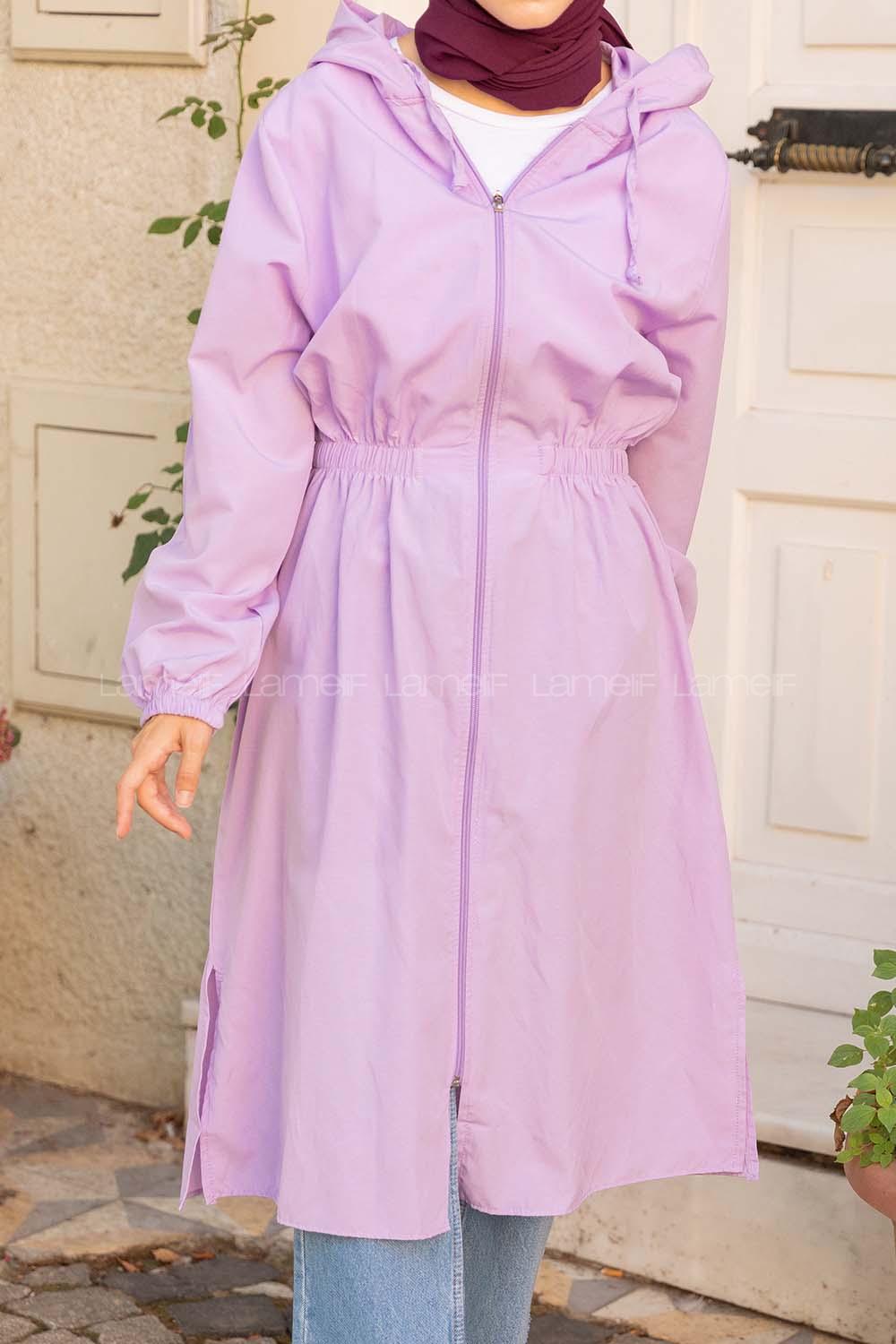 Modalamelif Önü Fermuarlı Bel Lastikli Dakron Trenç Lila