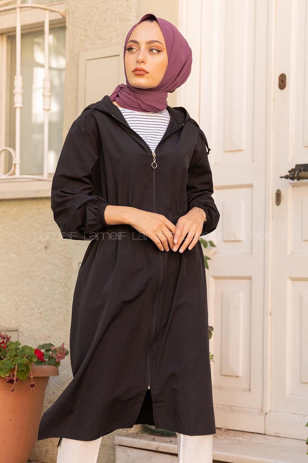 Modalamelif Önü Fermuarlı Bel Lastikli Dakron Trenç Siyah