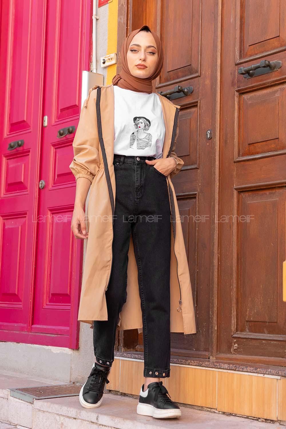 Modalamelif Önü Fermuarlı Bel Lastikli Dakron Trenç Sütlü Kahve