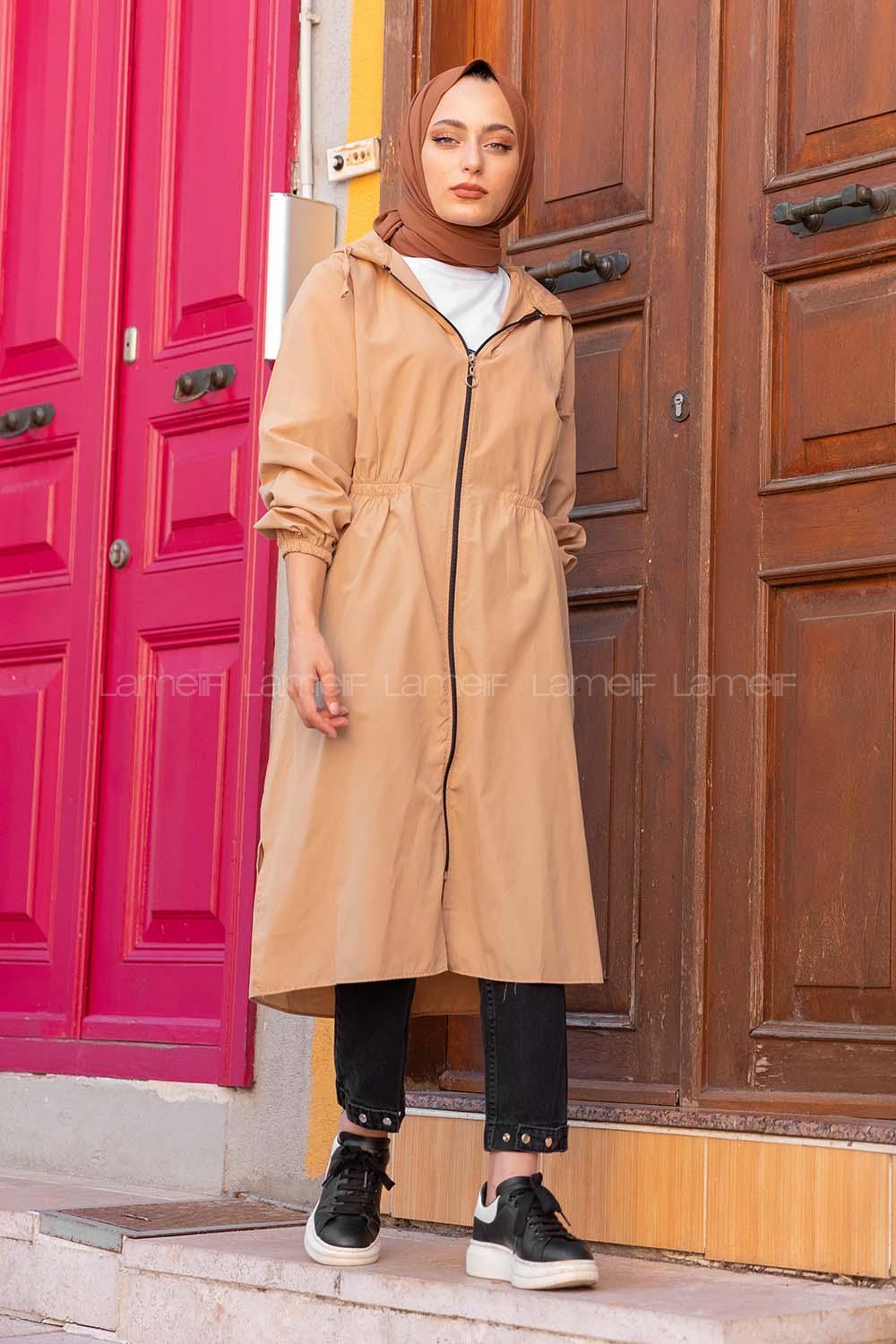 Modalamelif Önü Fermuarlı Bel Lastikli Dakron Trenç Sütlü Kahve