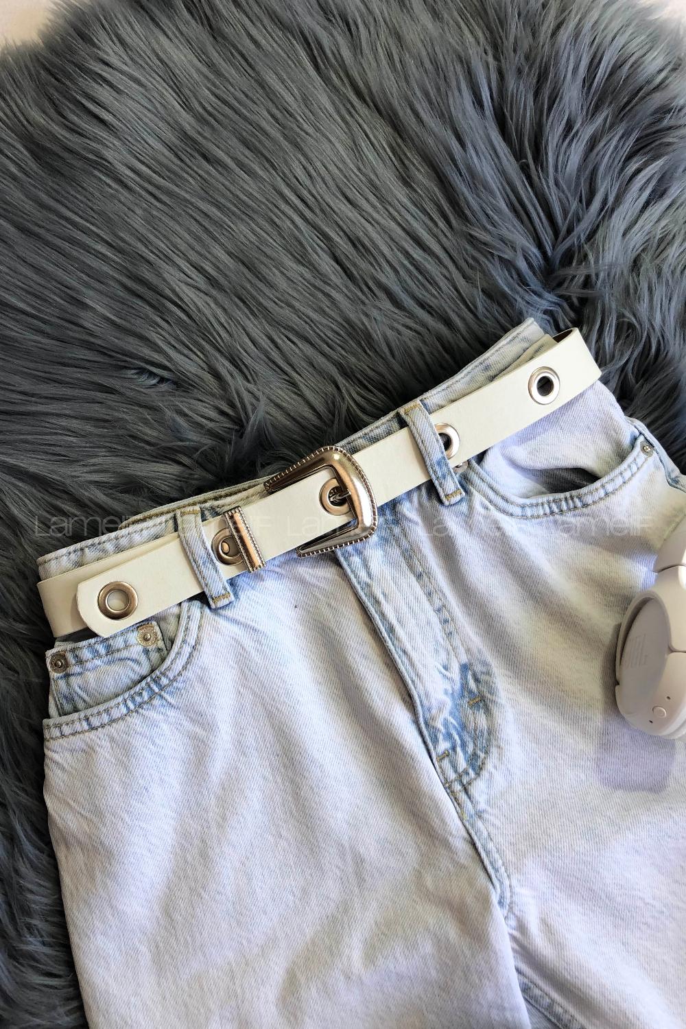 Modalamelif Retro Gümüş Tokalı Kuş Gözü Kemer Beyaz