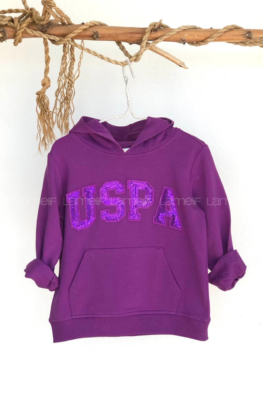 Modalamelif Kız Çocuk Yazı Baskılı Kapüşonlu Sweatshirt Mor