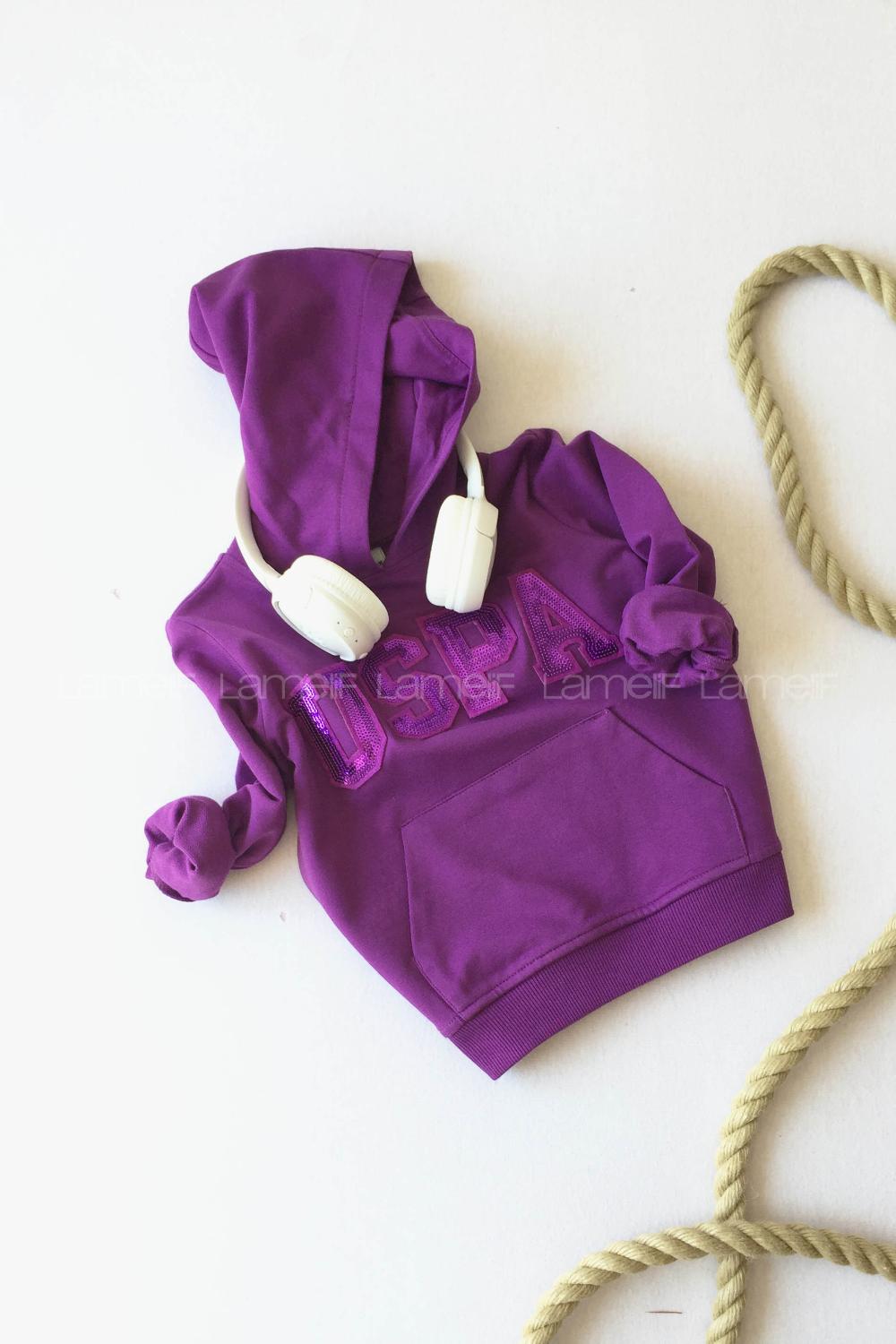 Modalamelif Kız Çocuk Yazı Baskılı Kapüşonlu Sweatshirt Mor