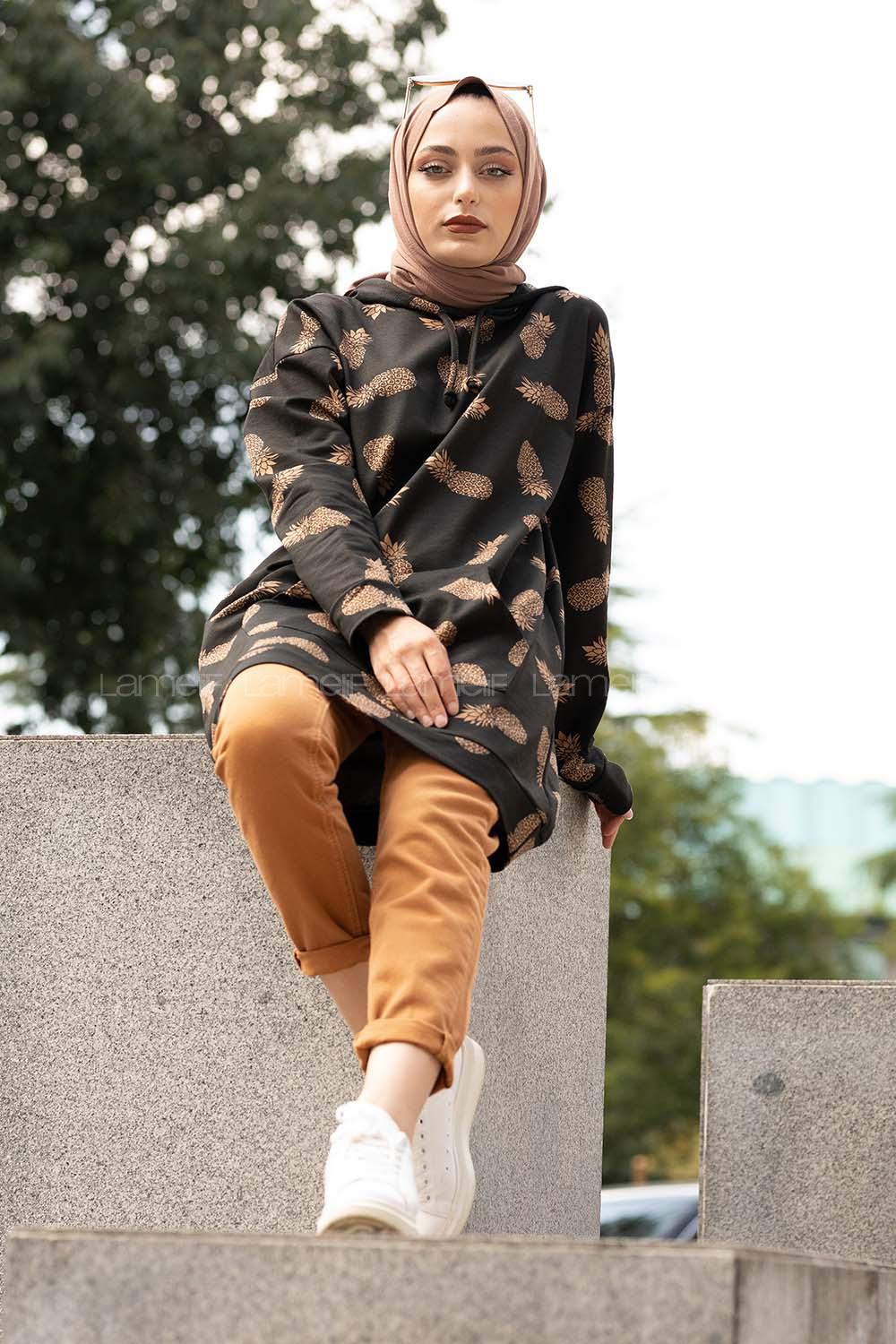 Modalamelif Ananas Baskı Kapşonlu  Sweatshirt Acı Kahve