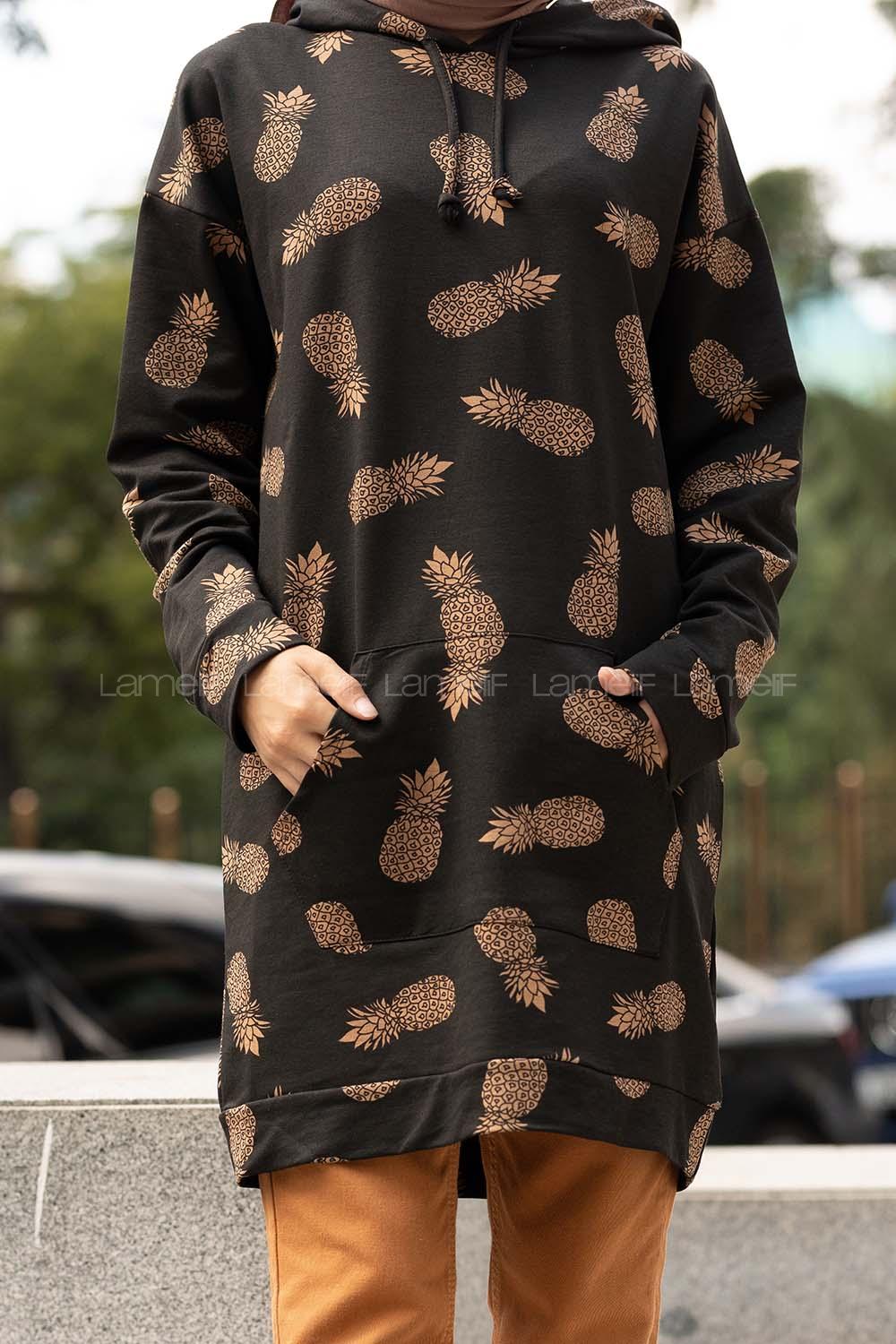 Modalamelif Ananas Baskı Kapşonlu  Sweatshirt Acı Kahve