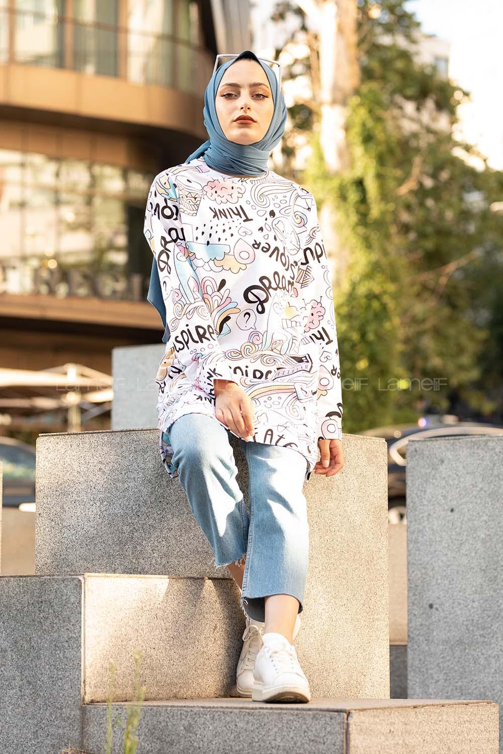 Modalamelif Bisiklet Yaka  Desenli Sweatshit Ekru