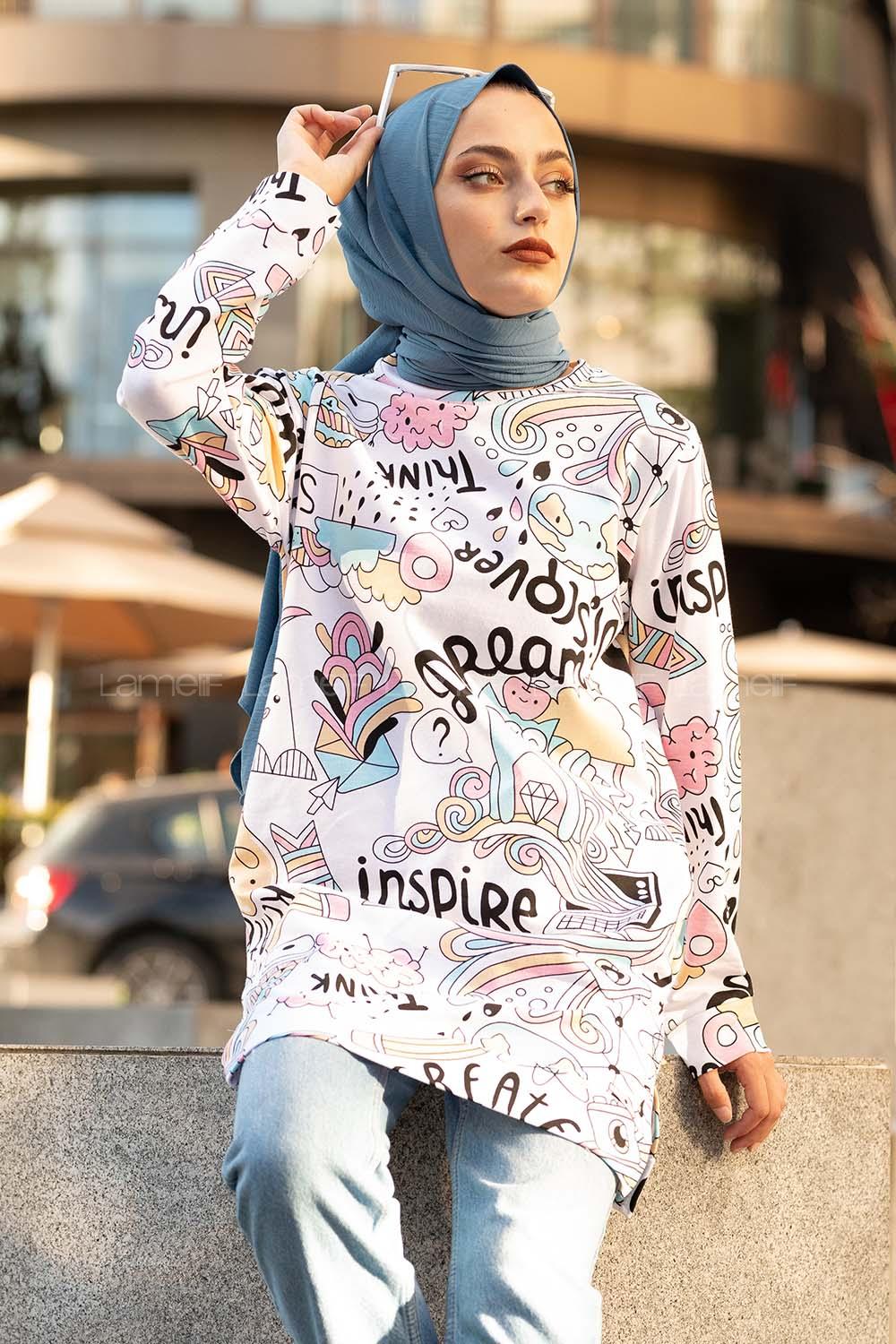 Modalamelif Bisiklet Yaka  Desenli Sweatshit Ekru