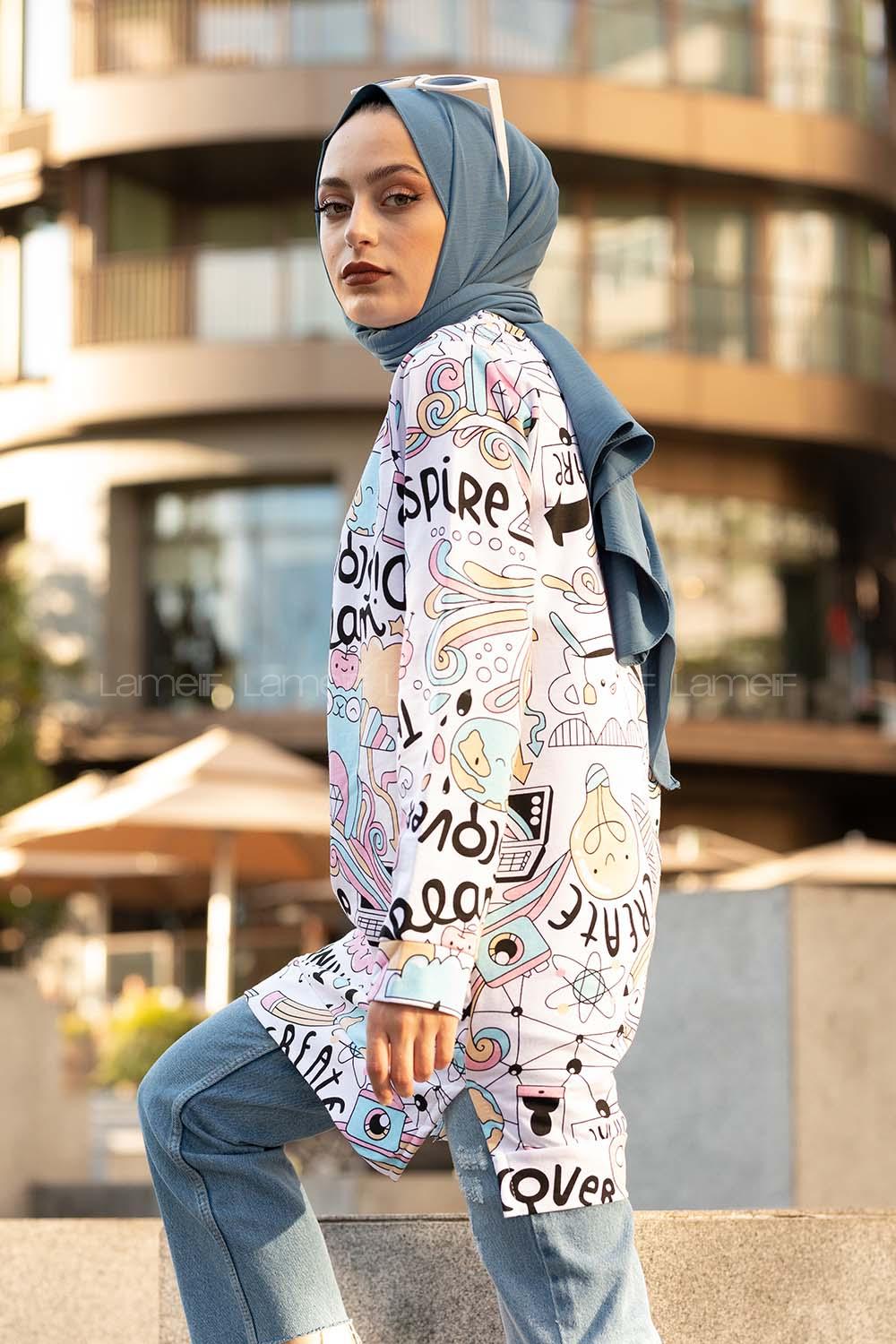 Modalamelif Bisiklet Yaka  Desenli Sweatshit Ekru