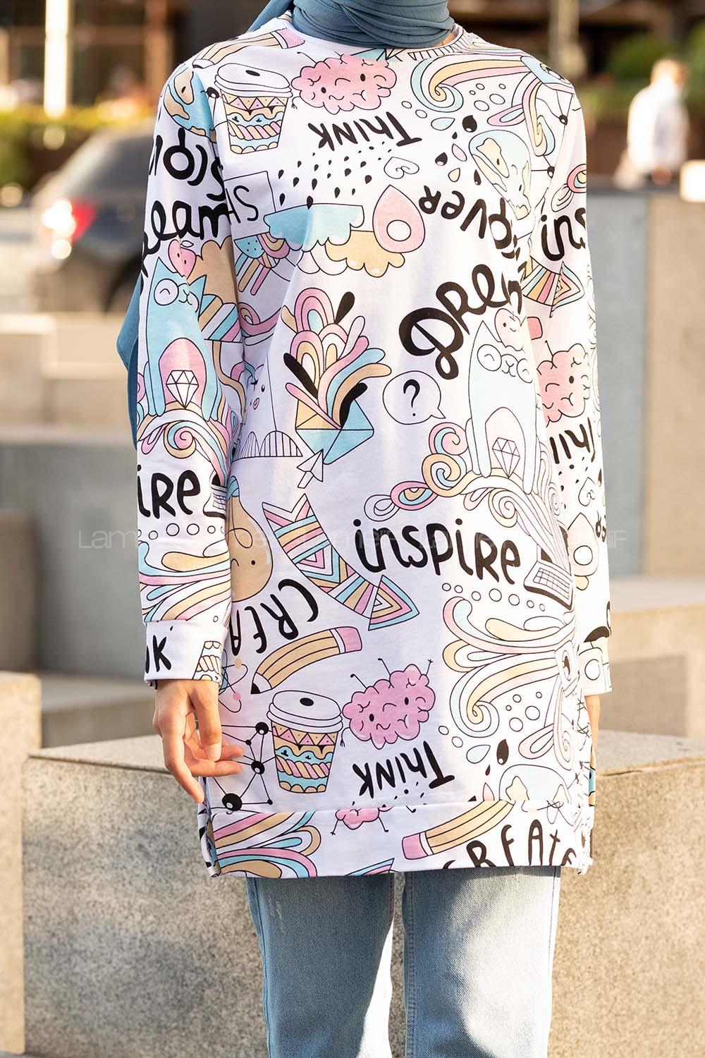 Modalamelif Bisiklet Yaka  Desenli Sweatshit Ekru