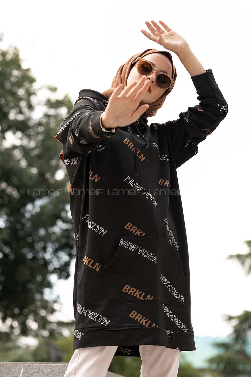 Modalamelif Brooklyn Baskı Kapşonlu  Sweatshirt Siyah