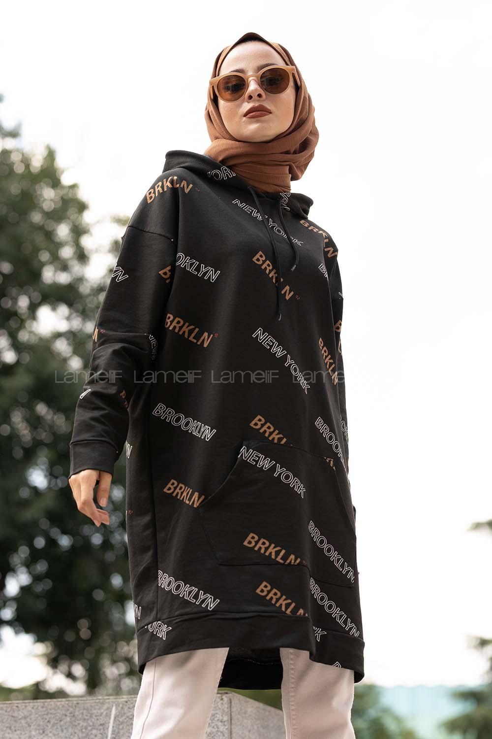 Modalamelif Brooklyn Baskı Kapşonlu  Sweatshirt Siyah