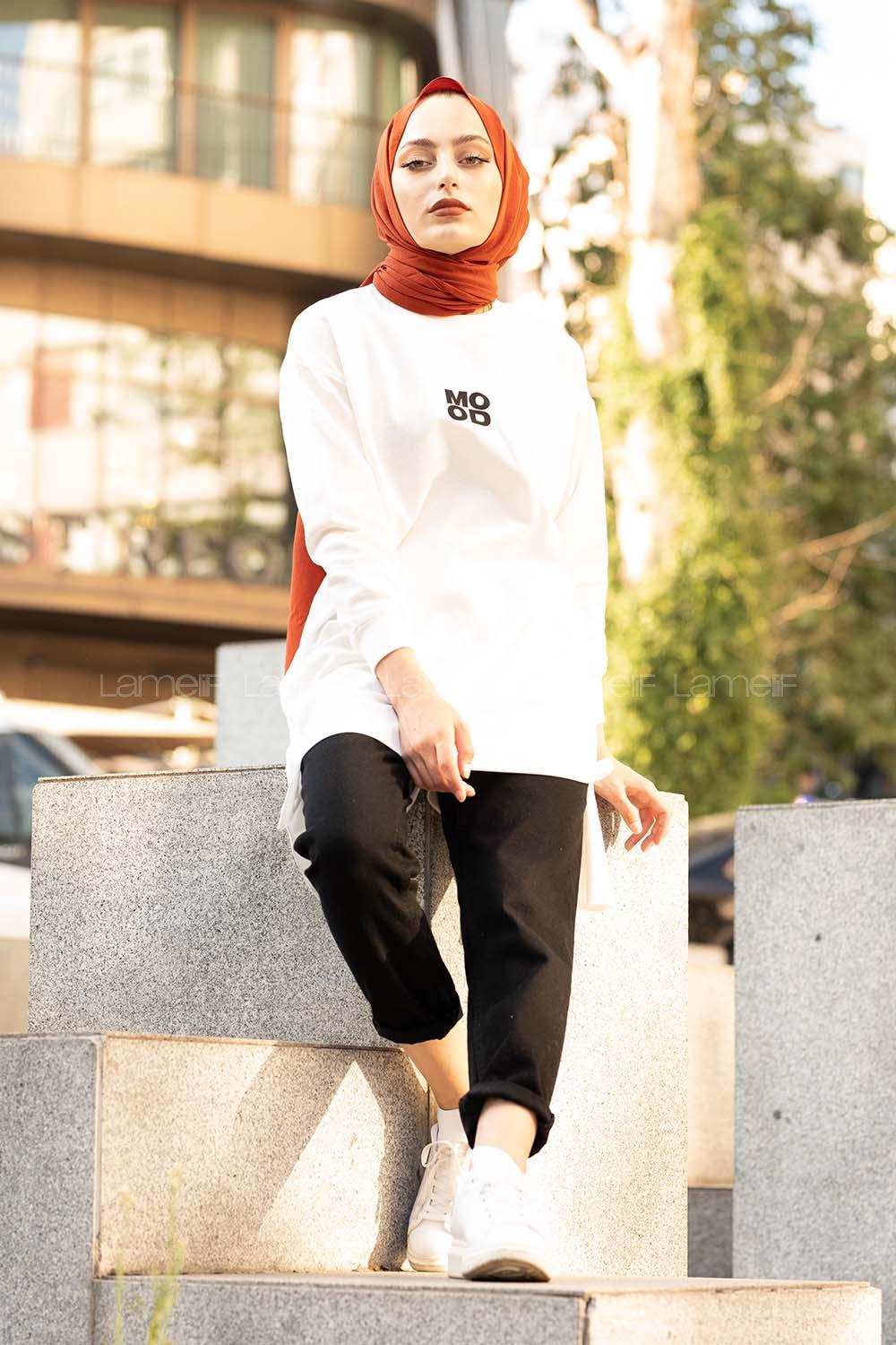 Modalamelif Mood Baskılı Uzun Sweatshirt Beyaz