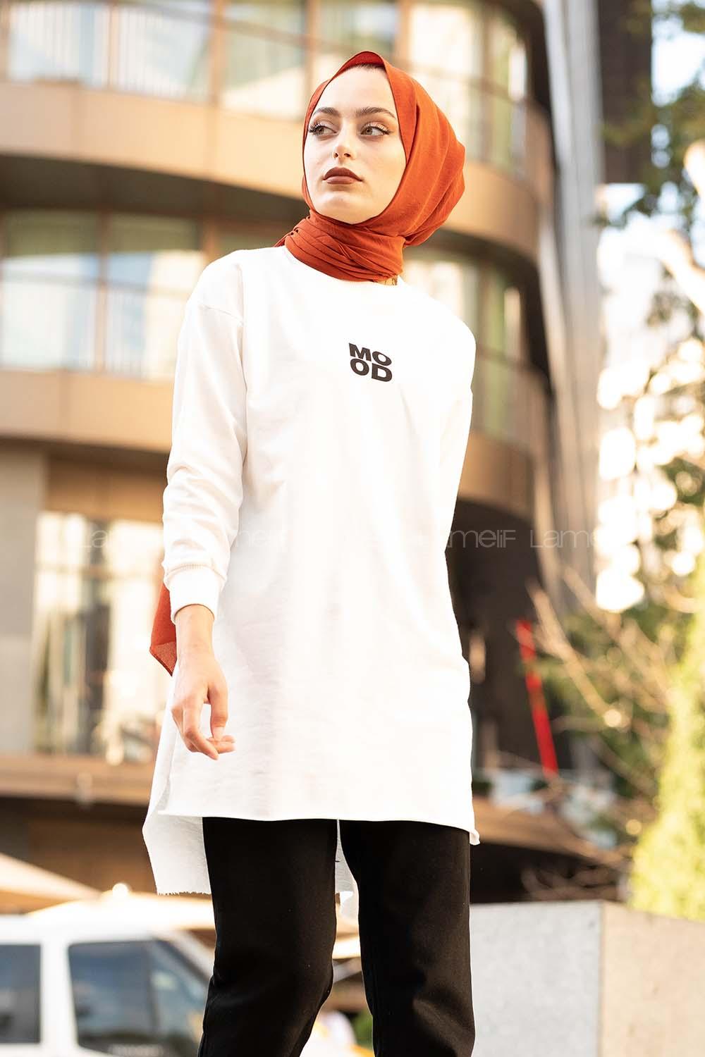 Modalamelif Mood Baskılı Uzun Sweatshirt Beyaz