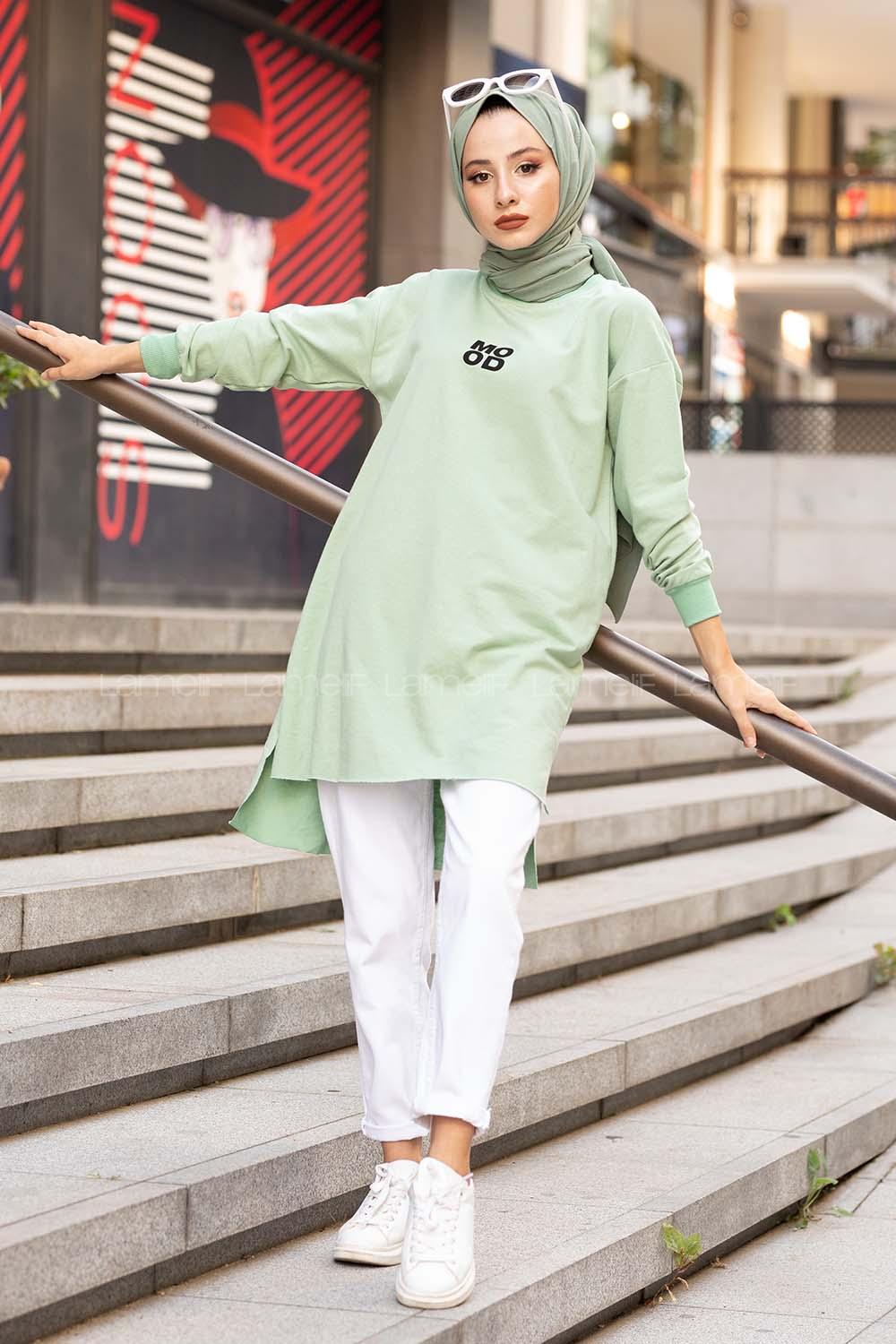 Modalamelif Mood Baskılı Uzun Sweatshirt Çağla Yeşili