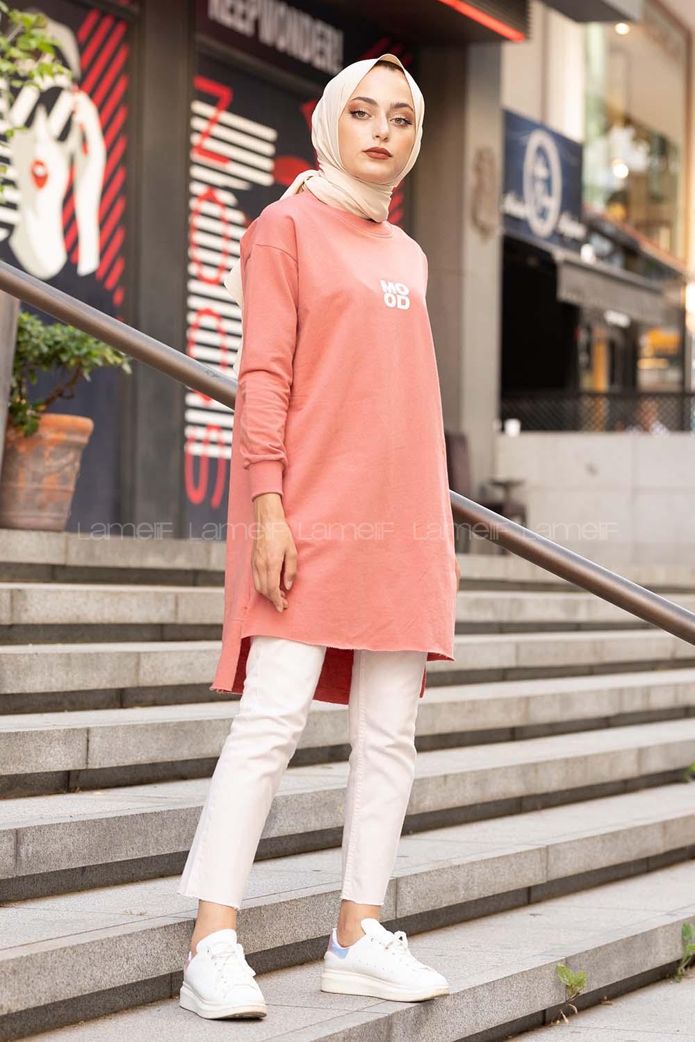 Modalamelif Mood Baskılı Uzun Sweatshirt Pudra