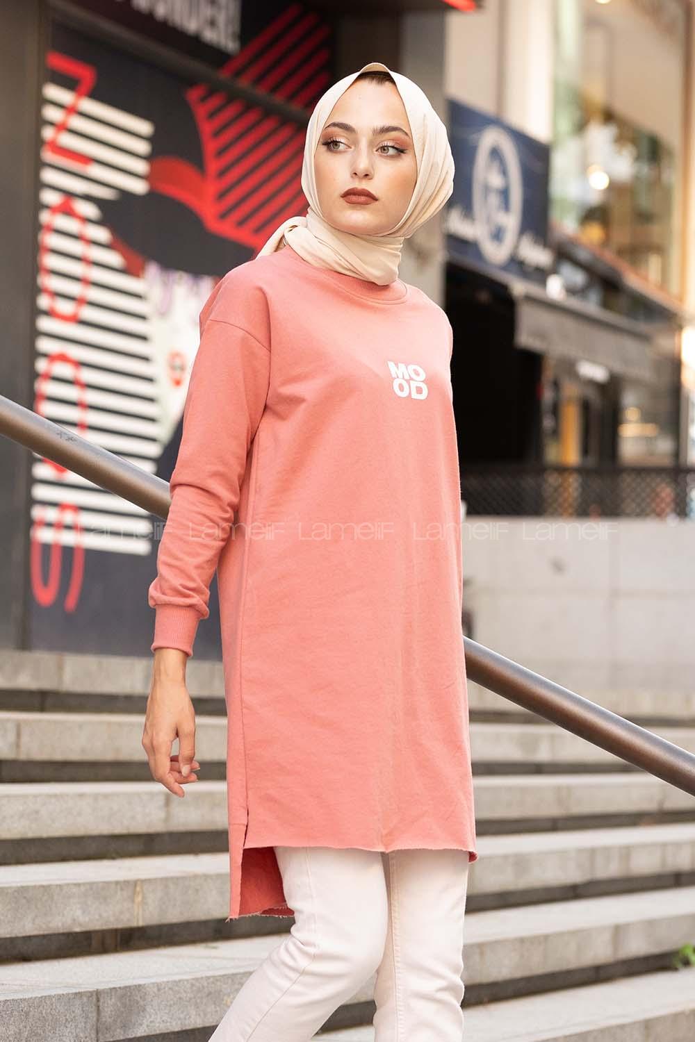 Modalamelif Mood Baskılı Uzun Sweatshirt Pudra