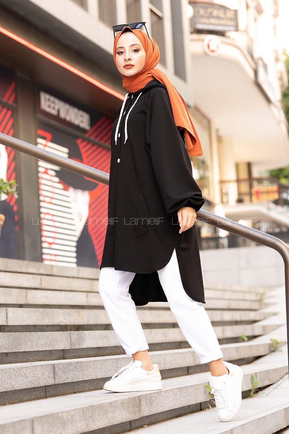 Modalamelif Ön Düğmeli Kapşonlu Sweatshirt Siyah