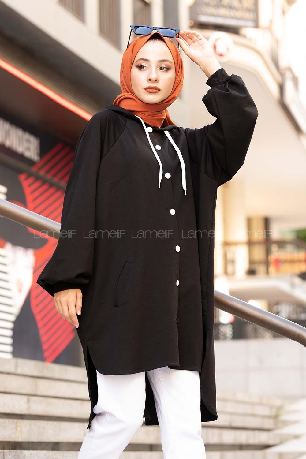 Modalamelif Ön Düğmeli Kapşonlu Sweatshirt Siyah