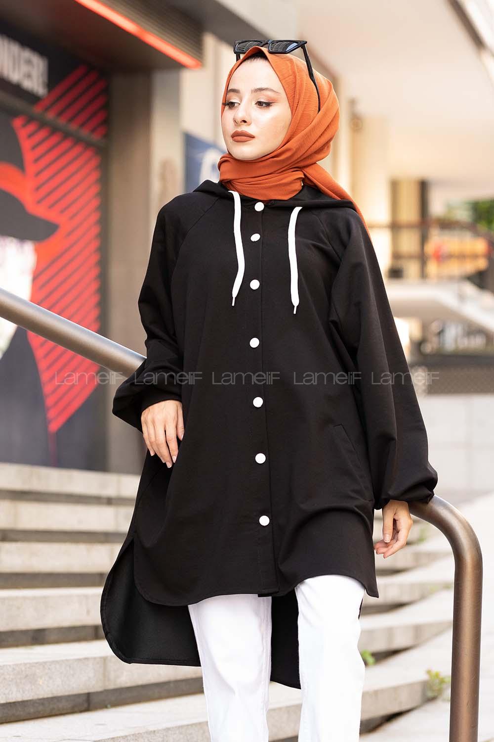 Modalamelif Ön Düğmeli Kapşonlu Sweatshirt Siyah