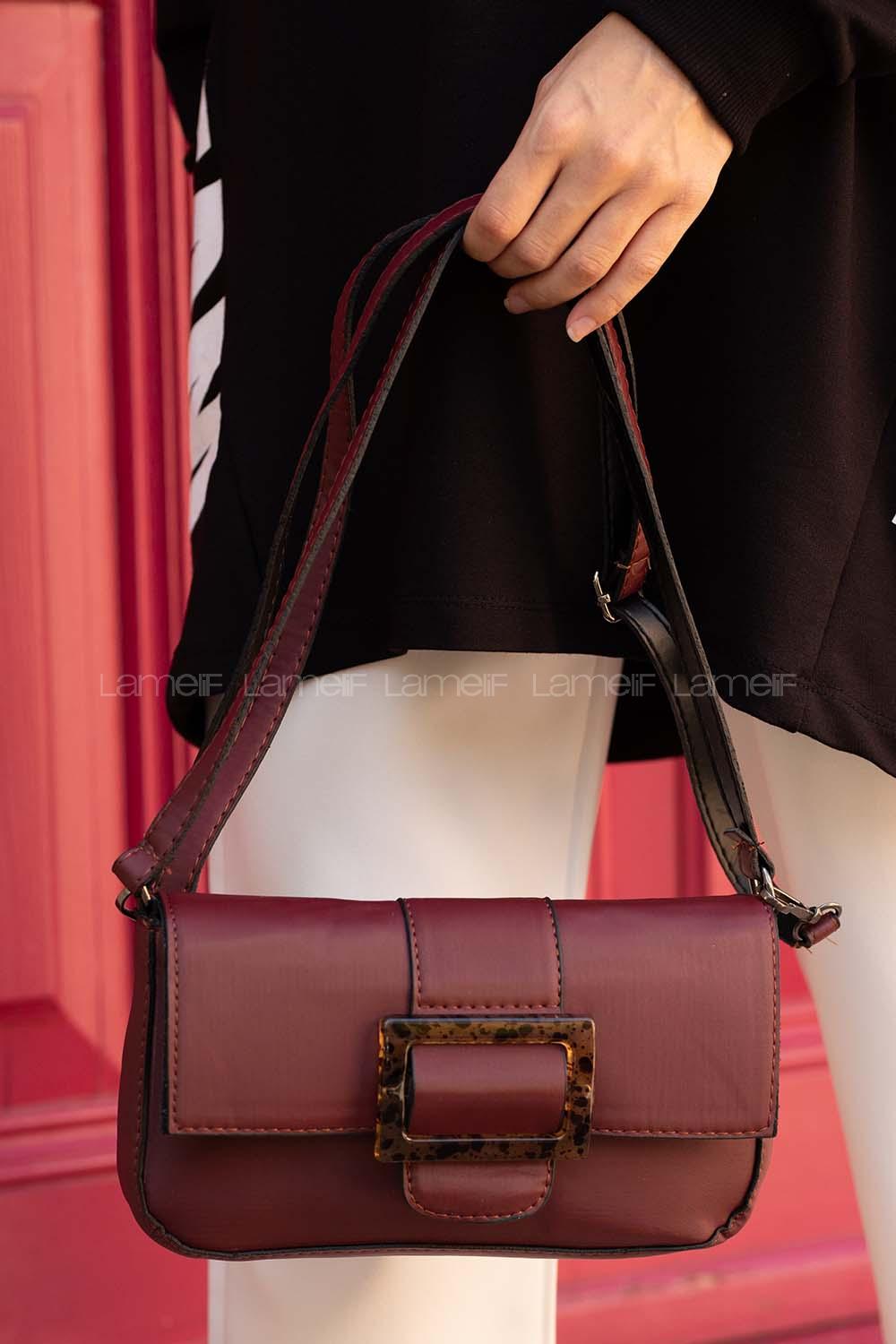 Modalamelif Deri Görünüm Tokalı Çanta Koyu Mor