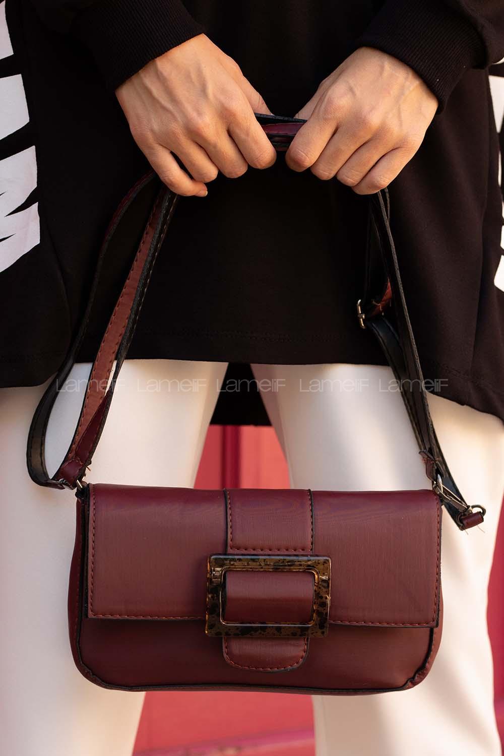 Modalamelif Deri Görünüm Tokalı Çanta Koyu Mor