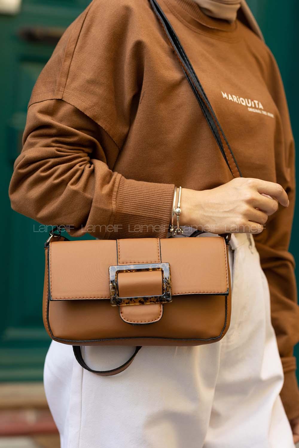 Modalamelif Deri Görünüm Tokalı Çanta Taba