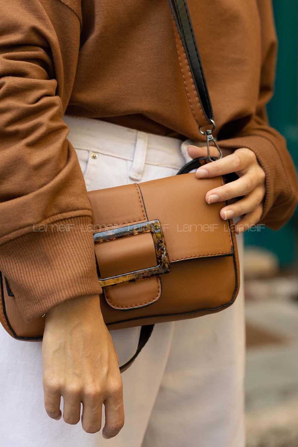 Modalamelif Deri Görünüm Tokalı Çanta Taba