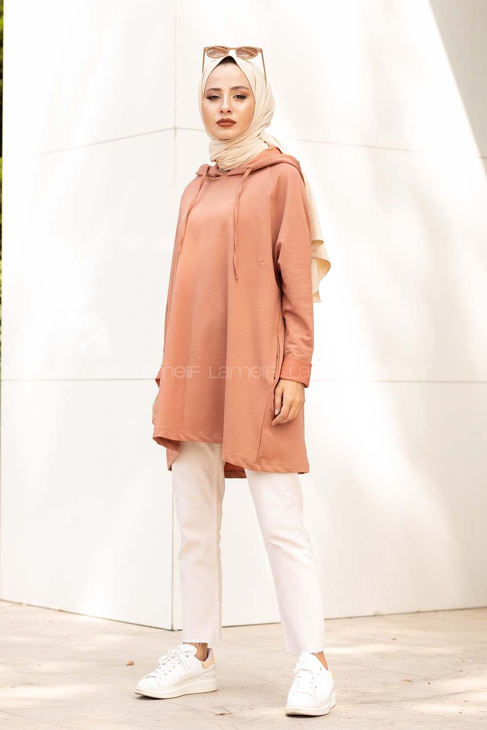 Modalamelif  Gizli Cepli Kapşonlu Sweatshirt Gül Kurusu