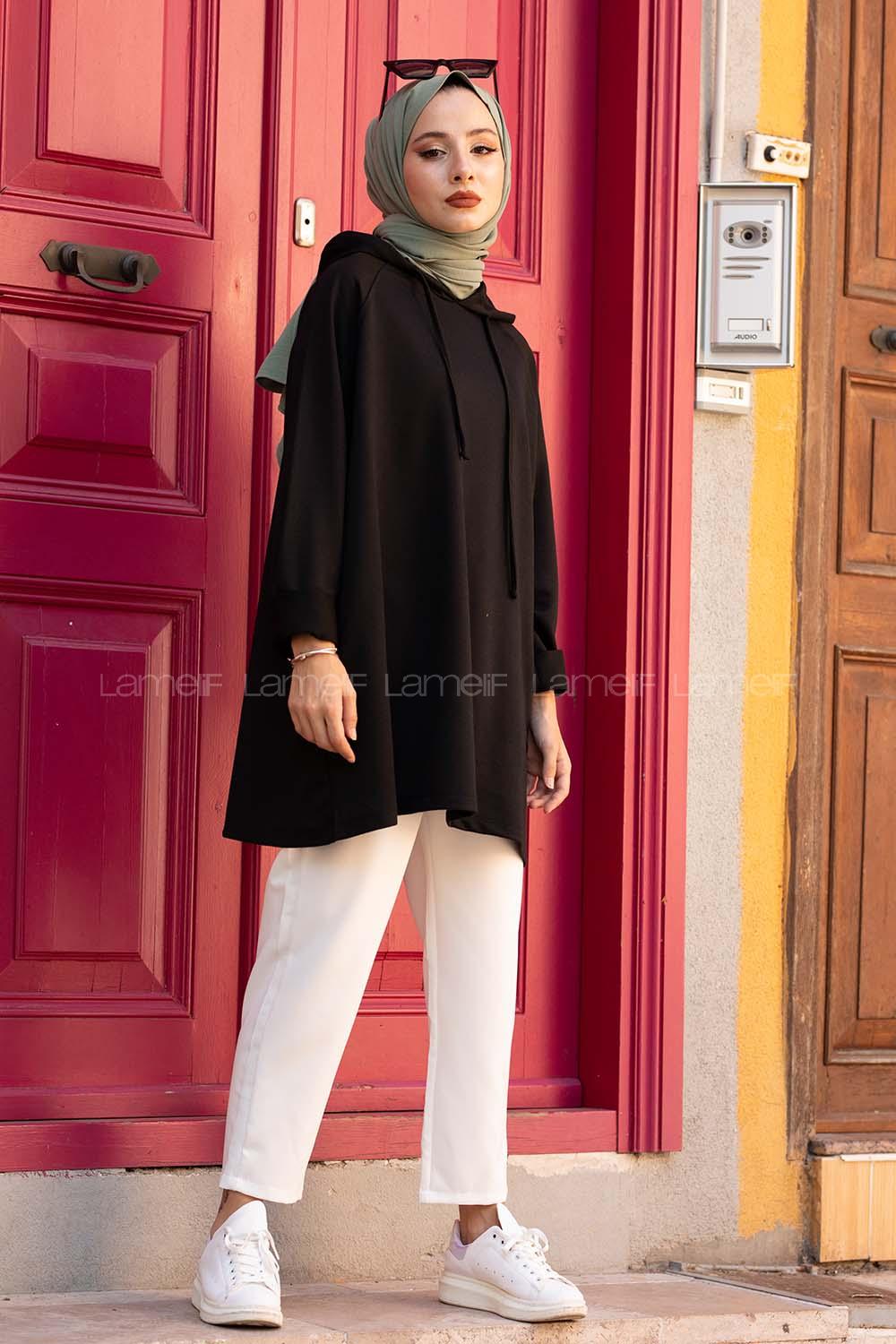 Modalamelif  Gizli Cepli Kapşonlu Sweatshirt Siyah