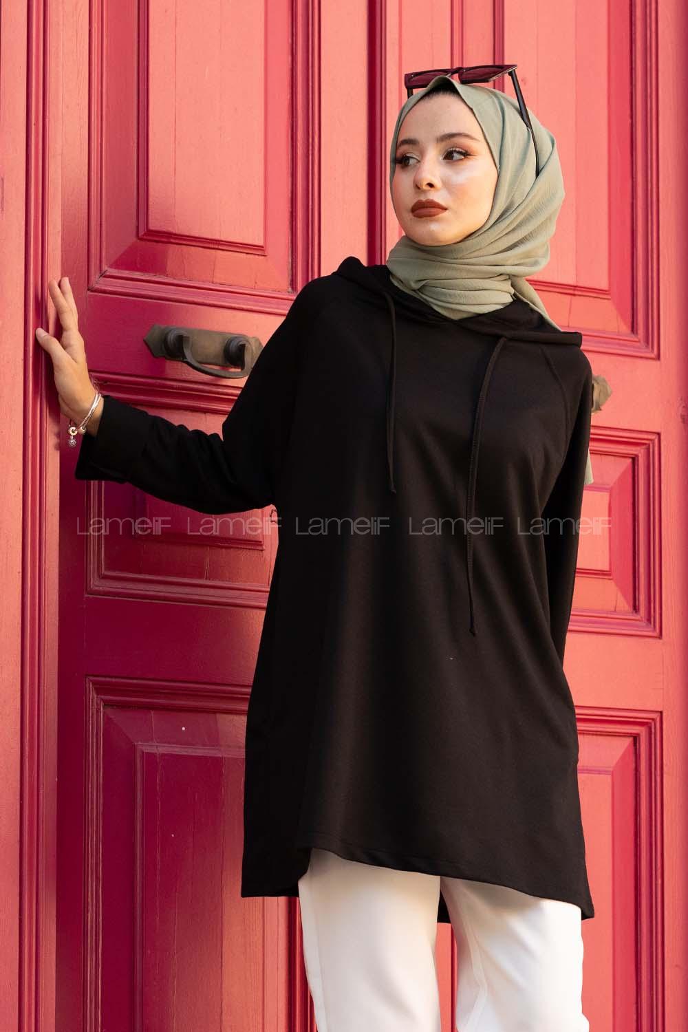 Modalamelif  Gizli Cepli Kapşonlu Sweatshirt Siyah