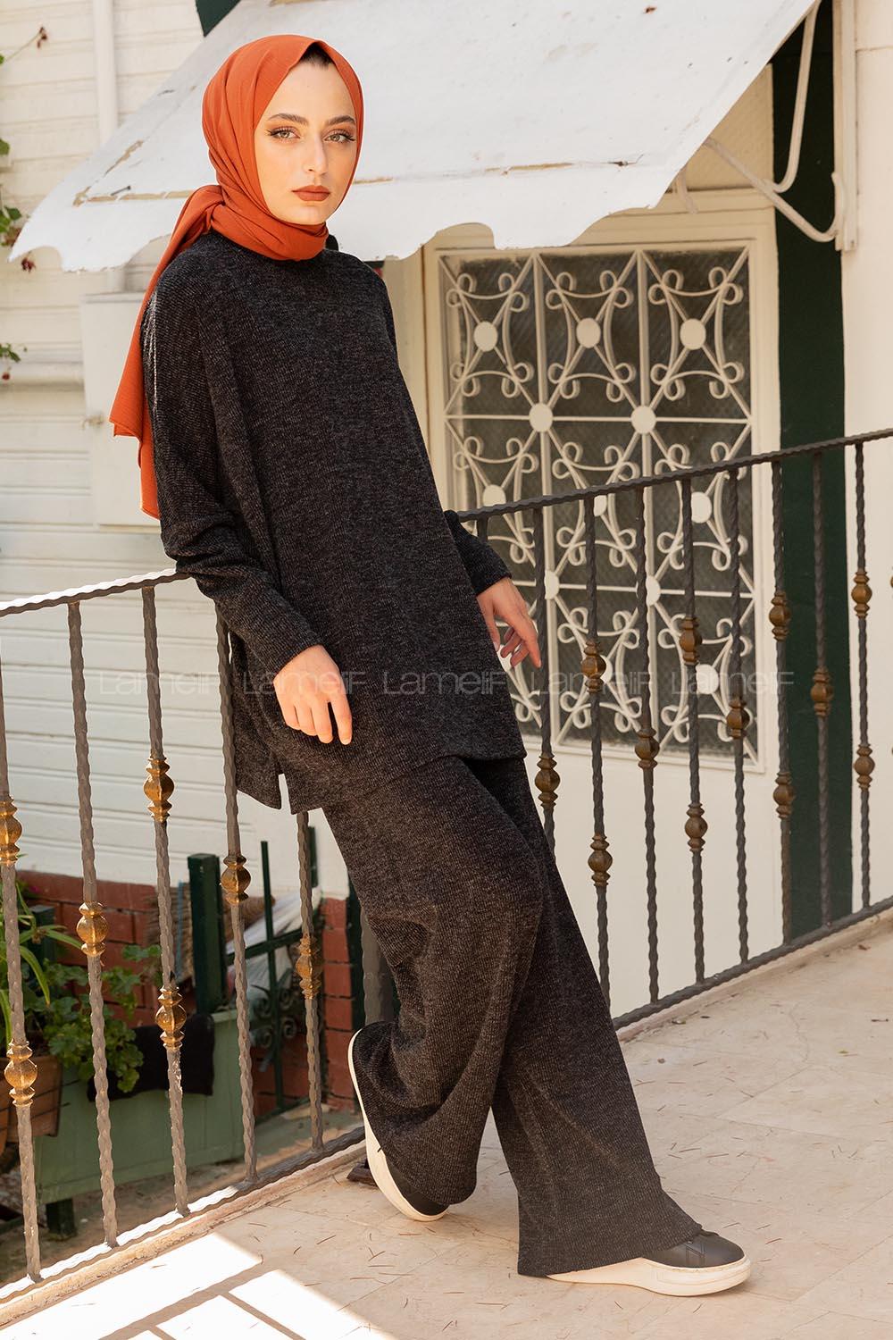 Modalamelif İnce Fitilli Bol Paça İkili Takım Siyah