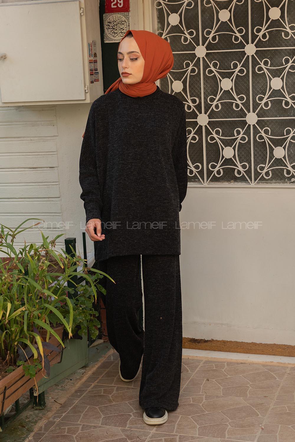 Modalamelif İnce Fitilli Bol Paça İkili Takım Siyah