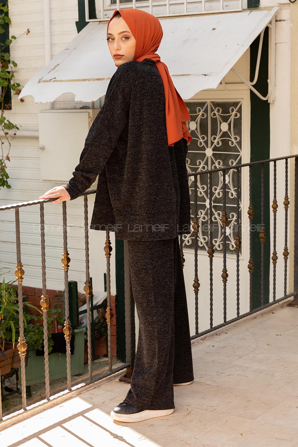 Modalamelif İnce Fitilli Bol Paça İkili Takım Siyah