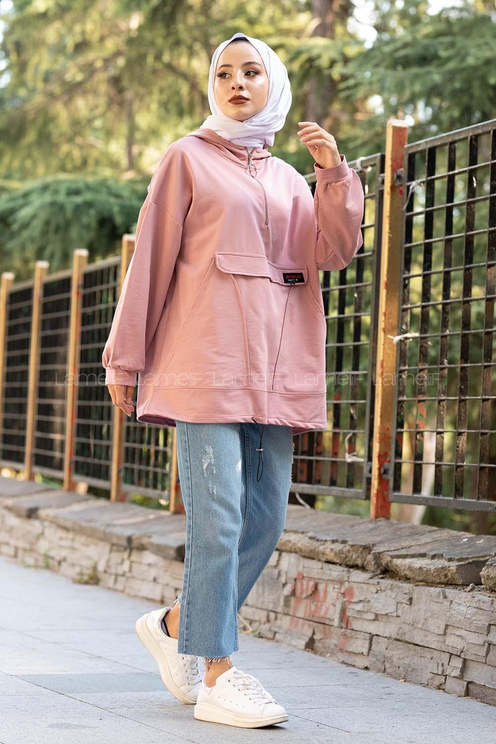 Modalamelif Kanguru Cep Armalı Sweatshirt Pudra