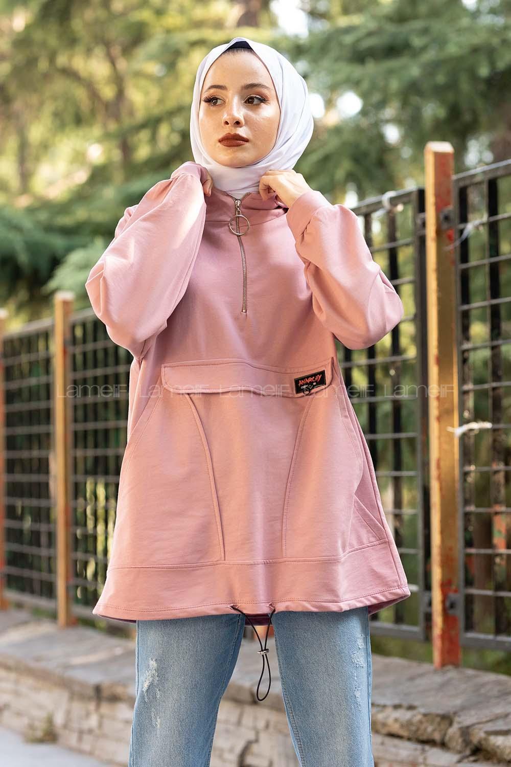 Modalamelif Kanguru Cep Armalı Sweatshirt Pudra