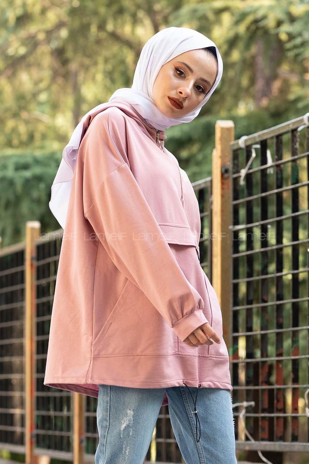 Modalamelif Kanguru Cep Armalı Sweatshirt Pudra