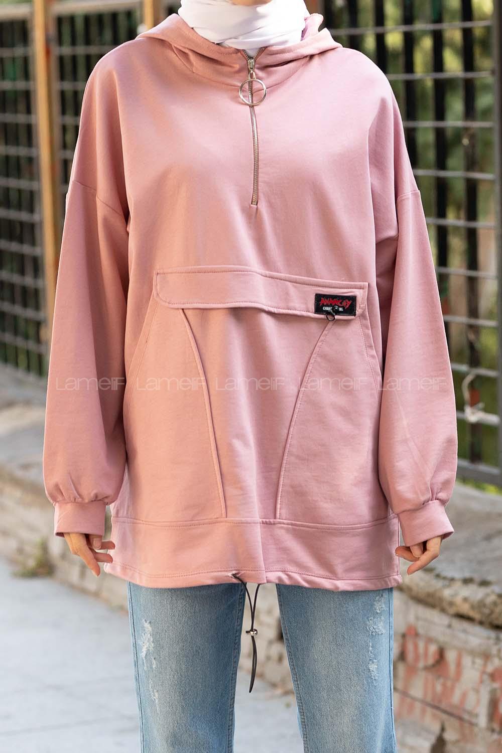 Modalamelif Kanguru Cep Armalı Sweatshirt Pudra