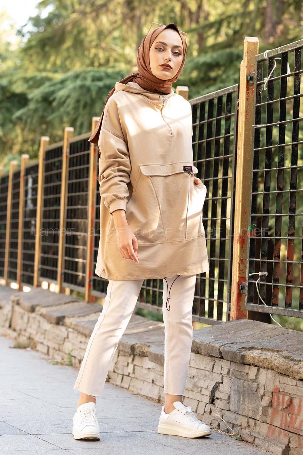 Modalamelif Kanguru Cep Armalı Sweatshirt Sütlü Kahve