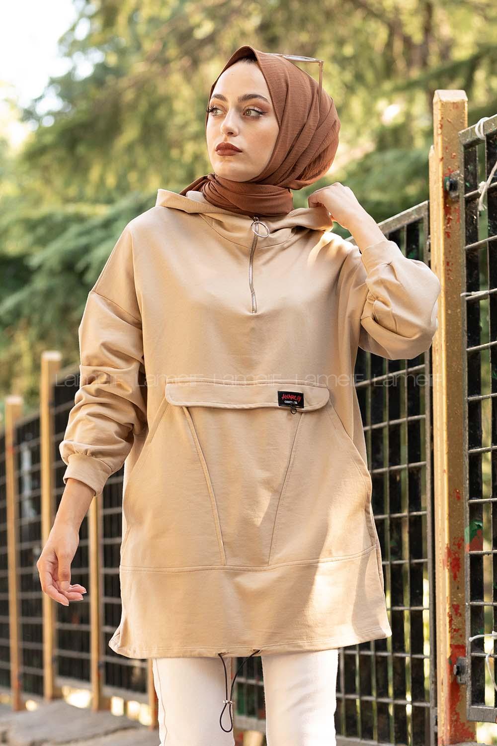 Modalamelif Kanguru Cep Armalı Sweatshirt Sütlü Kahve